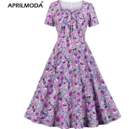 2021 Bohemian Beach Floral Women Casual Party Dress With Bow Short Sleeve 50s 60s Big Swing Rocakbilly Pin Up Vintage Sundress