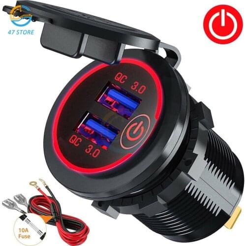 DC 5V-12V Car Charger Socket QC 3.0 Dual USB Port Volt Display Phone Fast Quick Charge Charging with Switch for Car Motorcycle