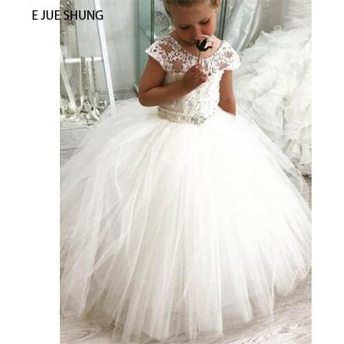 E JUE SHUNG White Lace Appliques Ball Gown Flower Girl Dresses Cap Sleeves Pageant Communion Dresses Girl Birthday Party Dresses