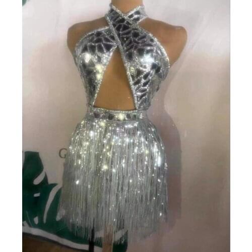 Sparkly Silver Sequin Fringe Dress Bar Prom Birthday Celebrate Outfit Wear Evening Women Dancer DS Show Short Dress