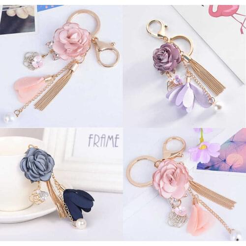 Key Ring Chain Keychain Rose Flower Pendant Bow Tassel Bag Charm Crystal Jewelry