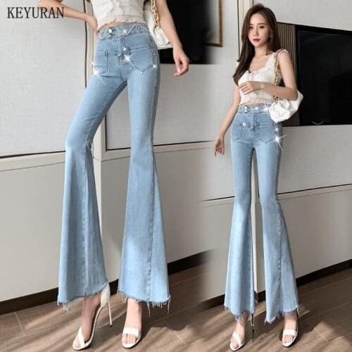 Boyfriend Flare Pants Women New 2021 Summer Autumn Skinny Denim Jeans Pants Pearls Rhinestone Beading Long Pants Trousers