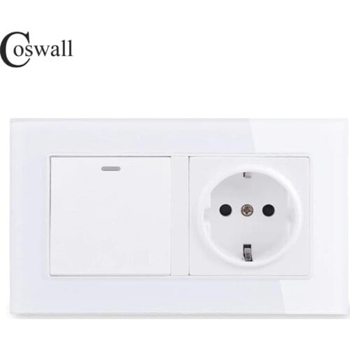 COSWALL Crystal Glass Frame Russia Spain EU Standard Wall Socket Grounded + 1 Gang 1 Way On / Off Light Switch 146*86mm