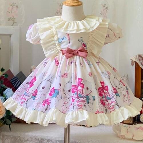 Baby girl summer vintage Spanish lolita ball gown dress kids bow puff sleeve printed birthday party Turkey princess dress