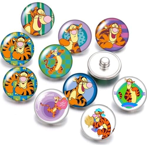 Disney Pooh Winnie Friend Tigger 10pcs Round photo glass cabochon 18mm snap buttons for 18mm snap bracelets jewelry wholesale