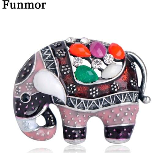 Funmor Lovely Crystal Enamel Elephant Brooch Vintage Ethnic Resin Animal Brooches For Women Kids Gift Sweater Pendant Lapel Pins