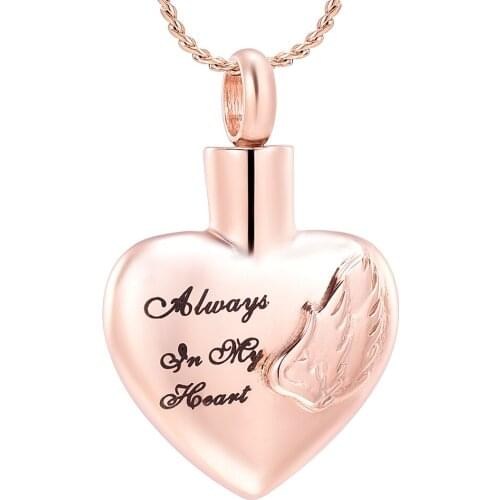K9917 Always In My Heart Angel Wing Cremation Jewelry for Ashes Pendant Memorial Keepsake Urn Necklace-Free Custom Engraving