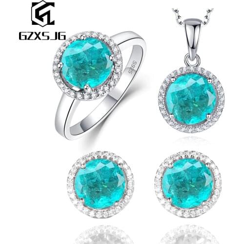 GZ Paraiba Tourmaline Gemstones Jewelry Sets for women Real 925 Sterling Silver Earrings Pendant Necklace Rings Set for Promise