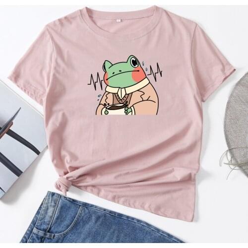 Cute Thinking Frog Shirt Woman T-Shirt Short Sleeve T-Shirts Summer Tops for Women Cotton Graphic Tee Shirt Femme Shirt Clothes