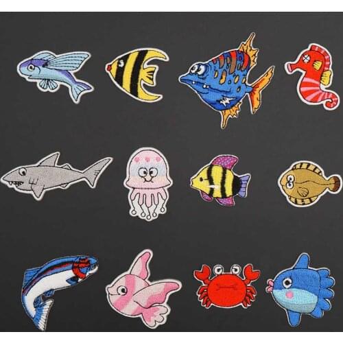 Cartoon sea creature embroidery Patches Self-adhesive clothes Cute jellyfish seahorse clownfish Appliques Animal Badges