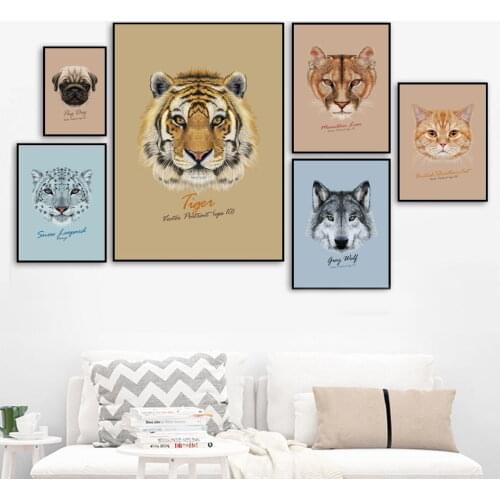 Nordic Posters And Prints Cartoon Tiger Lion Wolf Cat Dog Head Animal Wall Art Canvas Painting Wall Pictures For Kids Room Decor