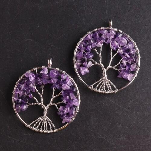 Wholesale 6pcs/Lot Natural Purple Gravel Stone 7 Chakra Quartz Wrap Wisdom Tree of Life Pendant for Women Healing Crystal