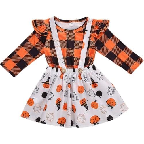 Toddler Kid 1-6Years Babys Clothes Girls 2PCs Halloween Outfits Long Sleeve Plaid Shirt Long Sleeve Tops Overall Pumpkin Skirts