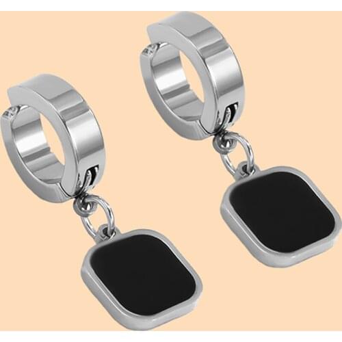 PuRui Punk Stainless Steel Ear Clip Earrings for Women/Men Black Pendant Ear Cuff Fashion Fake Earrings Without Puncture Jewelry