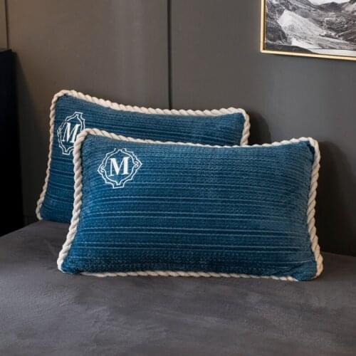 Dark blue pillowcase home bedroom sofa solid color winter flannel pillowcase bedding decoration pillow leaf