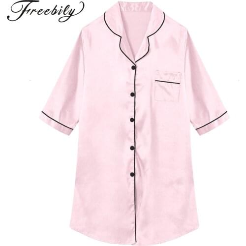 Women 3/4 Sleeve Satin Nightgown Nightshirt Sexy Button Down Turn-Down Collar Sleepshirt Nightdress