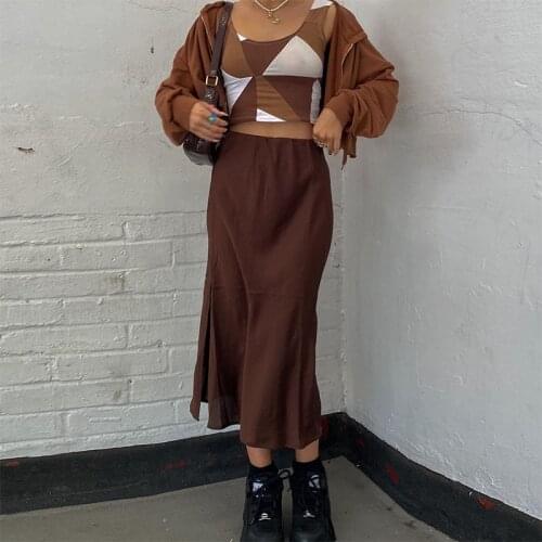 Womens Solid Color Long Skirt Street Retro Brown Split Loose Leisure Splitting Hem Trendy Dress for Female