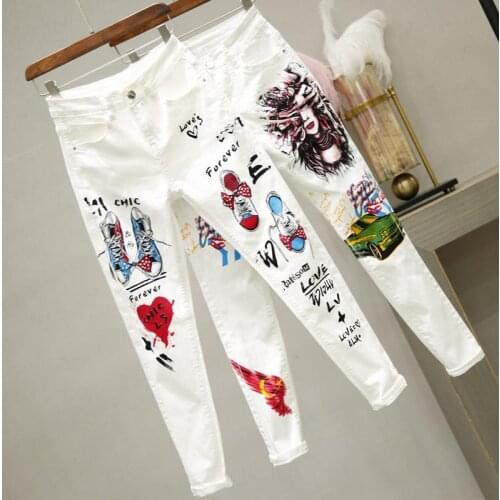2021 New Autumn Women Jeans Cartoon Graffiti Print Pencil Pants High Waist Stretched Jeans Casual Ankle-length Pants Trousers