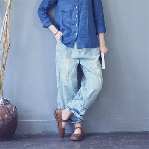 SCUWLINEN 2020 Women Pants Vintage Loose Enzyme Washed Plus Size Jeans for Women Soft Casual Boyfriend Jeans Harem Pants S530