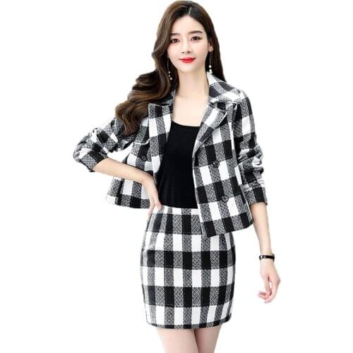 Spring Autumn Plaid Woolen Jacket Skirt Suit Elegant Two Piece Sets Double Breasted Office Lady Outfits Women Skirts Suit R673