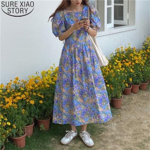 New Floral Casual Fashion Loose Puff Sleeves Chic Women Long Dress 2021 Summer Mid-Length V-Neck Elegant Ladies Dresses 14509