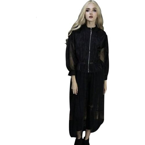 Punk Womens Dress Black Lace Long Dresses See-Through Batwing Sleeve Dresses O-Neck Zipper Dresses Fashion New