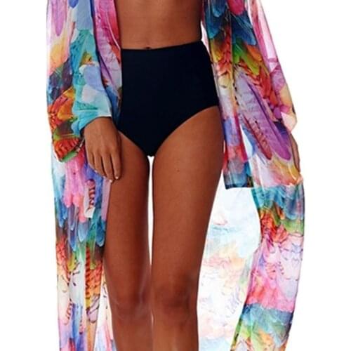 Womens Beach Vacation Swimsuit Cover Up Rainbow Colored Feathers Digital Printed Open Front Kimono Cardigan Semi Sheer Maxi Robe