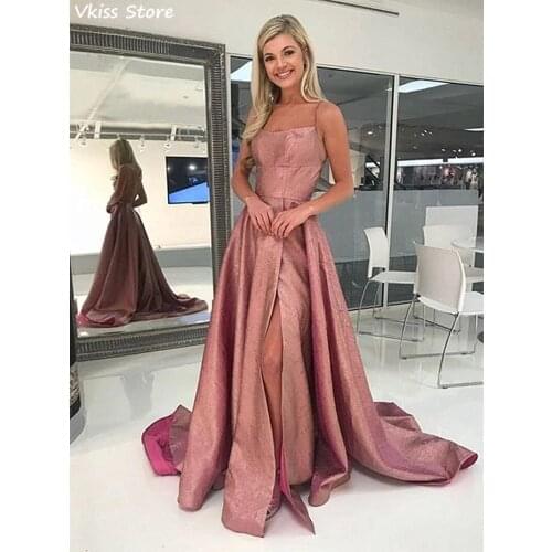 2020 Dusty Pink Prom Dress Simple Satin Sexy Split A-line Sweep Train Spaghetti Strap Square Neck Evening Dress graduation robes