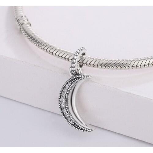 New 925 Sterling Silver Sparkling White Zircon Crescent Moon Beads Pendant Charm Bracelet DIY Jewelry Making For Pandora