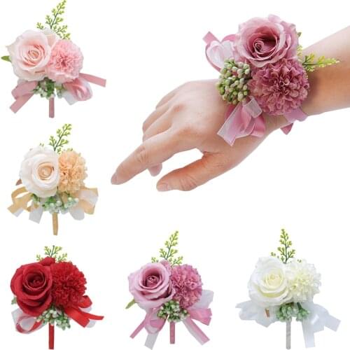 Boutonniere Wrist Flower Corsage Wedding Bridesmaid Bracelet Silk Rose Flowers Party Prom Girl Wrist Corsage Wedding Decoration