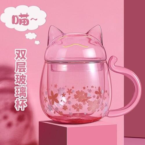 Zhaocai cat cup double layer glass high borosilicate heat resistant and wind resistant cup pink cute cartoon cute water cup girl