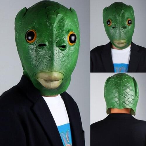 Adult Unisex Funny Green Fish Head Animal Latex Headgear Mask Furry Gloves Halloween Christmas Cosplay Costume Accessories
