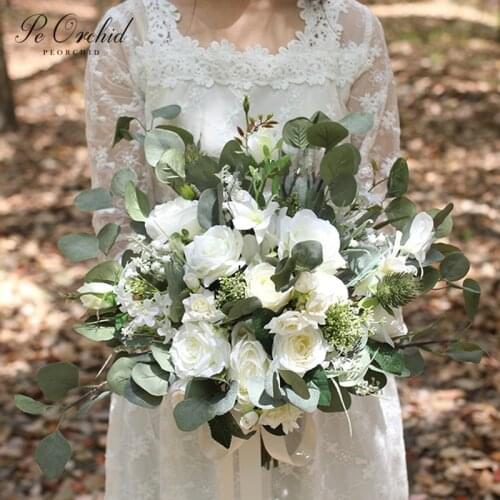 PEORCHID Eucalyptus Rose Wedding Buquet White&Green Artificial flower Decoration Church Bridal Bouquet Ramos Para Novias