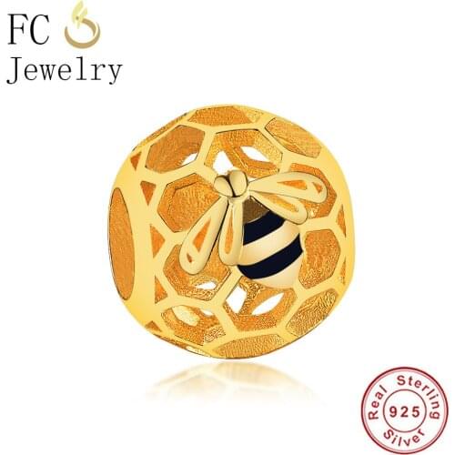 FC Jewelry Fit Original Brand Charm Bracelet 925 Silver Gold Color Ball Grow Honey Bee Queen Black Enamel Bead Making Berloque