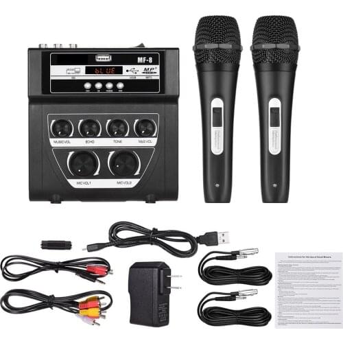 MF-8 Mini Sound Audio Mixer Stereo Echo Mixers Dual Input Support BT Recording MP3 Function with 2 Set Wired Handheld Microphone