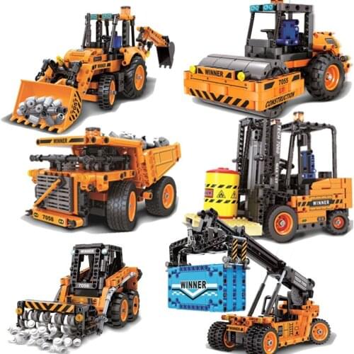 2021Engineering Vehicle Model Building Blocks Forklift Road Roller Crane Truck Wheel Excavator Mechanical Construction block Toy