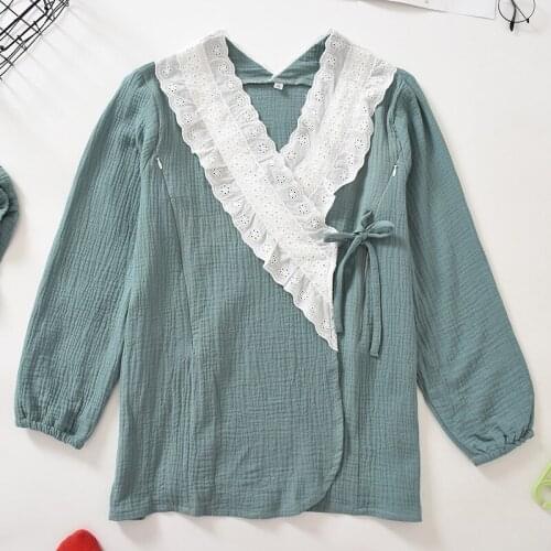 Women Cotton Crepe Kimono Pajamas Pure Color Pregnant Clothes V-Neck Cotton Lounge Wear Long Sleeve Sleepwear 2 Piece Nightwear