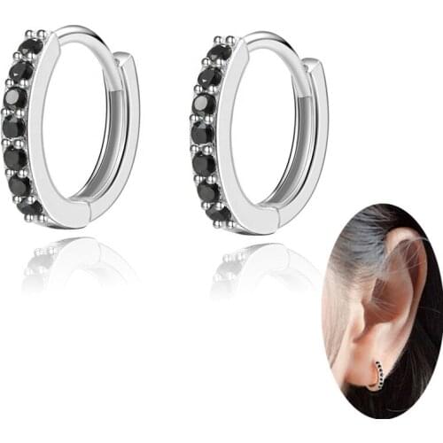 Fashion Cartilage Hoops Earrings Huggie 8mm Black White Cubic Zirconia Stone Bling Small Hoop Earrings Sterling Silver 925