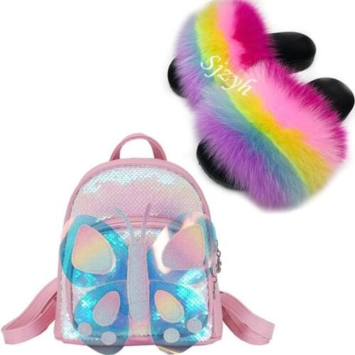 Wholesale Girls Fox Fur Slides Cartoon School Book Bag Shoes Sets Kids Fluffy Fur Slippers Childrens Butterfly Bling Backpack