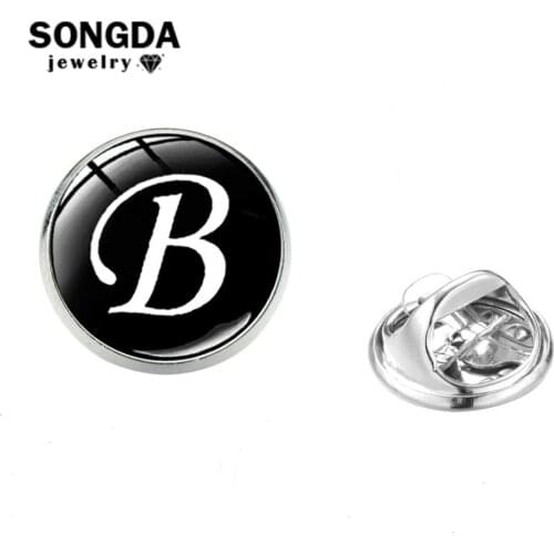 SONGDA Simple 26 English Letters Shirt Lapel Pin Personality A-Z Initial Name Glass Round Stainless Steel Pins Birthday Present