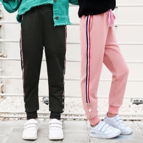 Teens Girls Sports Pants Fashion Side Stripe Children Trousers 4-14 Years Black gray pink Kids Girl Cotton Pencil Pants