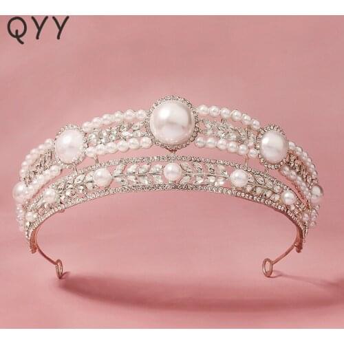 QYY Wedding Crown Pearl Tiaras and Crowns for Women Accessories Rhinestone Bridal Hair Jewelry Party Bride Headpiece Gift