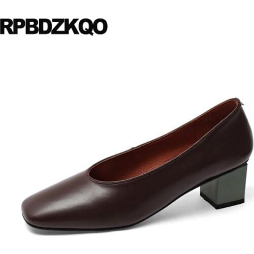 Work Genuine Leather High Heels Size 33 Formal Quality Medium Brown Vintage Thick Pumps Square Toe 2021 Green Shoes For Women