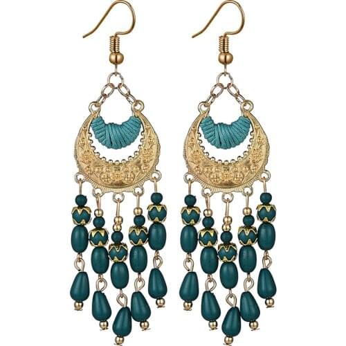 Vintage National Fashion Earrings for Women Elegant Bohemian Crescent Water Drop Tassel Long Earrings Carved Rope Boho Earrings