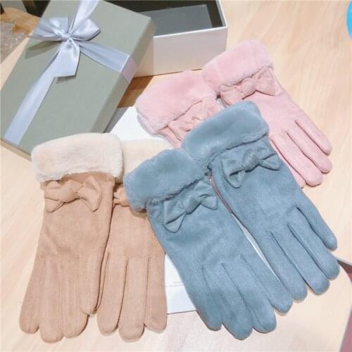 Women New Korean touch gloves screen five fingers simple bow thick female winter cashmere student gloves