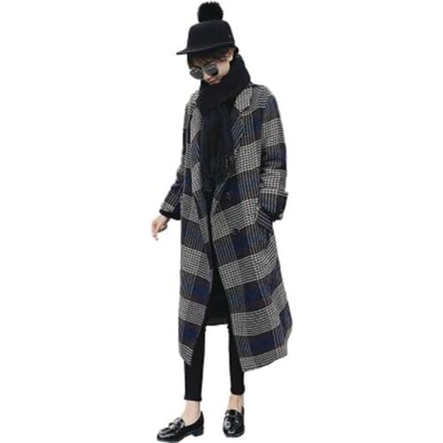 Women Plaid Blazers Jackets New retro plaid woolen coat female long section loose autumn and winter woolen coat women