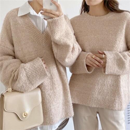 2021 Women Spring Vintage V Neck Loose Alpaca Sweater Full Sleeve Mohair Knitted Pullovers Casual Jumper Jacket