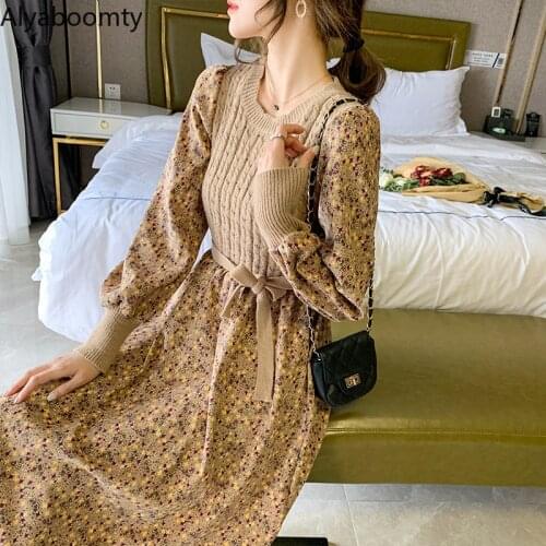 Autumn Winter Women Korean Chic Midi Dress Knitted Corduroy Patchwork Stylish Floral Dress Lantern Sleeve Elegant Feminine Dress