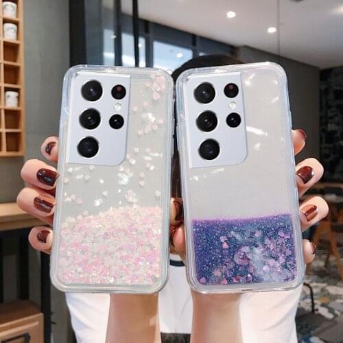 Liquid Silicone Cases For Samsung S21 Ultra S20 FE 5G S8 S9 S10 Plus M30s M31 M31s M21 Transparent Glitter Heart Quicksand Cover