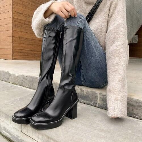 2021 Autumn Knee High Boots Side Zipper Thick High Heels Pumps for Women Genuine Leather Working Basic Square Toe Boots Boots